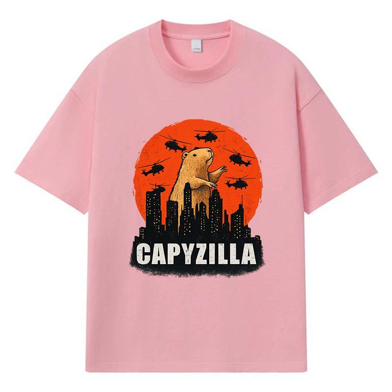 2026 Capybara Standing On Buildings Helicopters Flying Around Graphic Y2k Harajuku Streetwear 100% Cotton T Shirt Casual Oversized Summer Men T-shirt