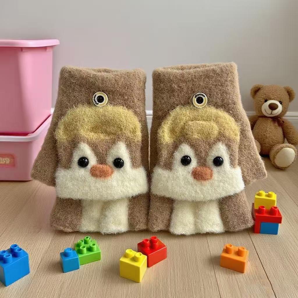 Winter Cartoon Penguin Student Flap Gloves: Half-Finger, Cold-Proof for Men, Women, and Kids