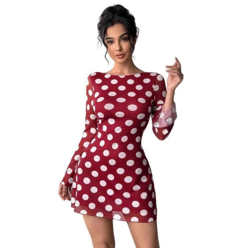 Women's Spring/summer Sexy Polka Dot Backless Mesh Mini Dress with Flared Sleeves