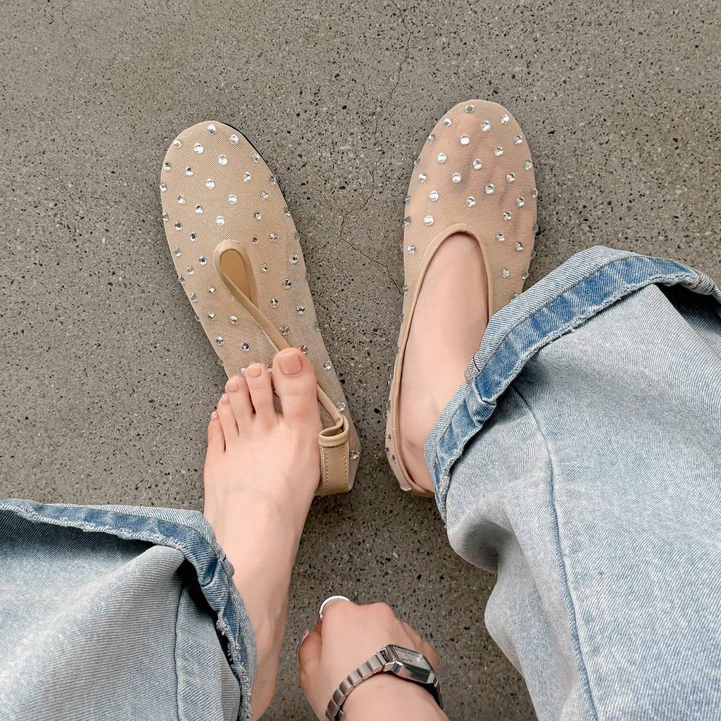 Krazing Pot Air Mesh Sheep Skin Flat with Crystal Beading Round Toe Jelly Shoes Embroidery Summer Size 42 Women Flats
