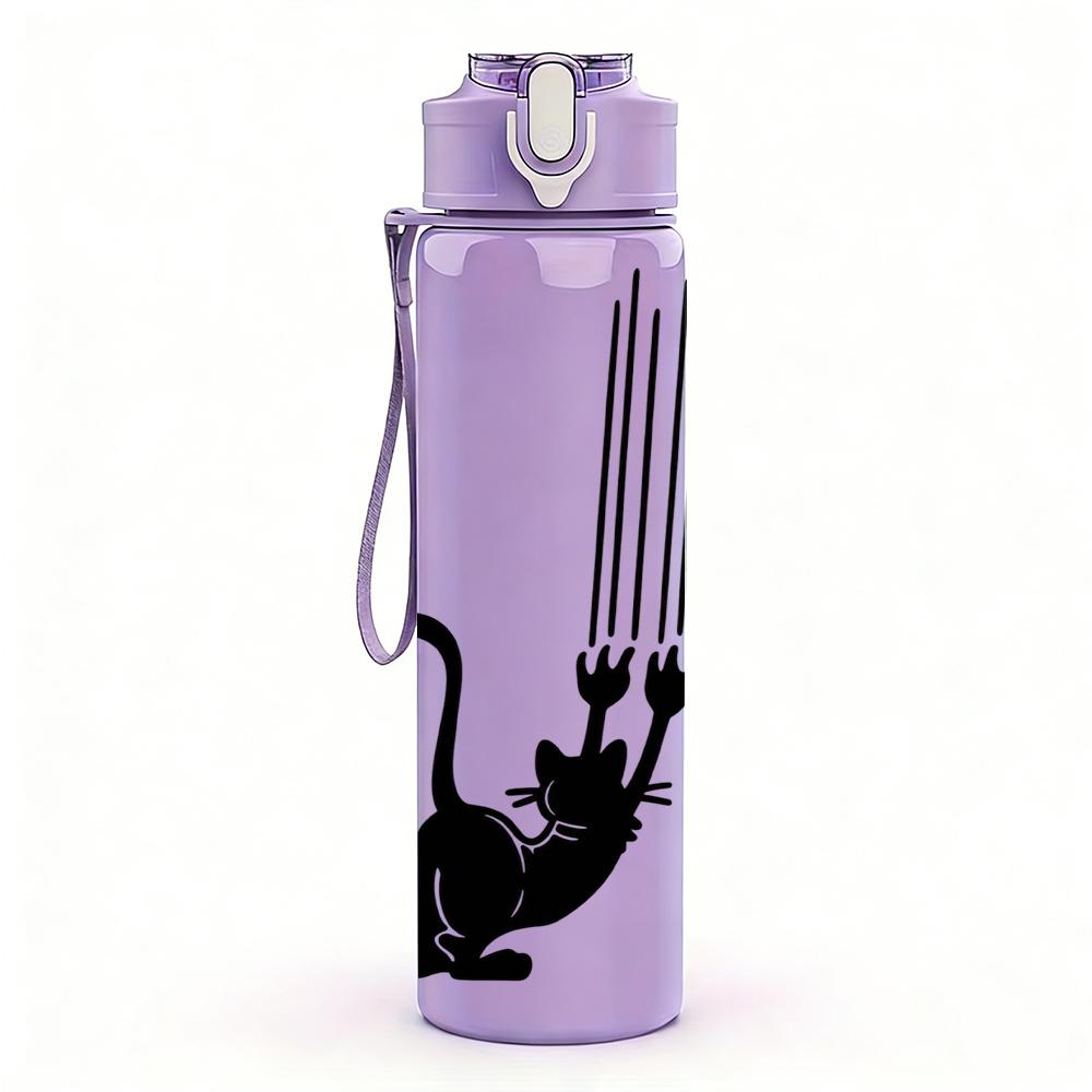 1PC Black Cat Curved Tail Silhouette 750ml Color Plastic Sports Water Bottle Leakproof Flip Straw Lid Suitable for Sports Office Home Use