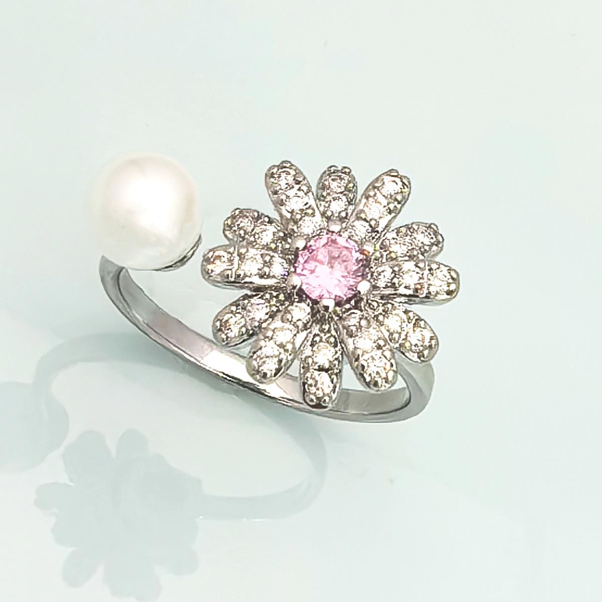 Rotatable Sunflower Silk Scarf Buckle: Gilded Copper with Cubic Zirconia and Shell Pearl Accent Adjustable Opening