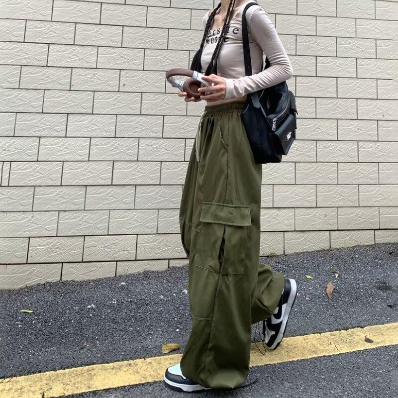 Retro High-Waisted Wide Leg Cargo Pants for Women - Street Dance Hip Hop Trousers, Straight Leg, Floor-Length