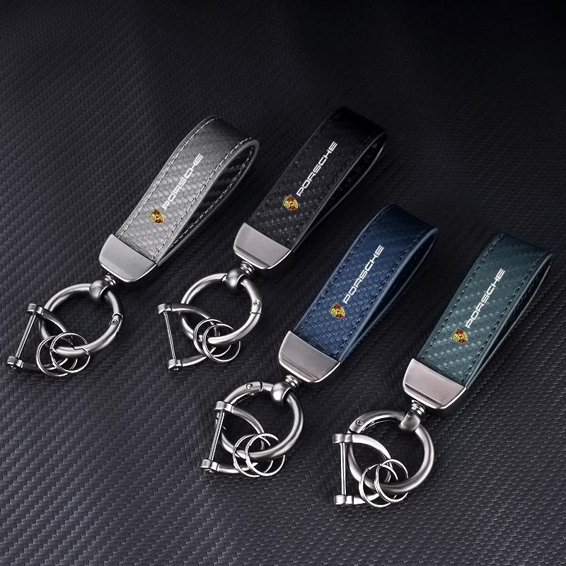 Car Carbon fiber Leather Keychain 3D Emblem Key Ring For Porsche Panamera Cayenne Taycan 911 718 Macan Carrera-GT 928 944 968
