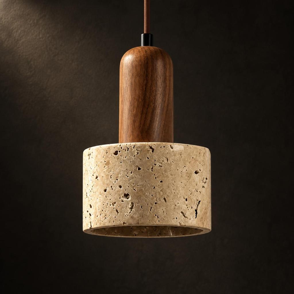 Pendant Lamp with Wooden Top Rustic Minimalism Stone Organic Lighting Fixture for