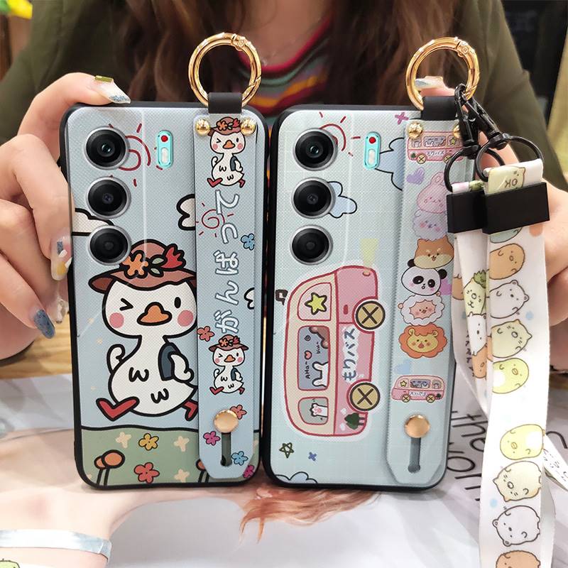 Ring Shockproof Phone Case For Tecno Camon40 4G/CM5 Silicone Back Cover Wrist Strap Lanyard Cartoon Anti-dust Kickstand
