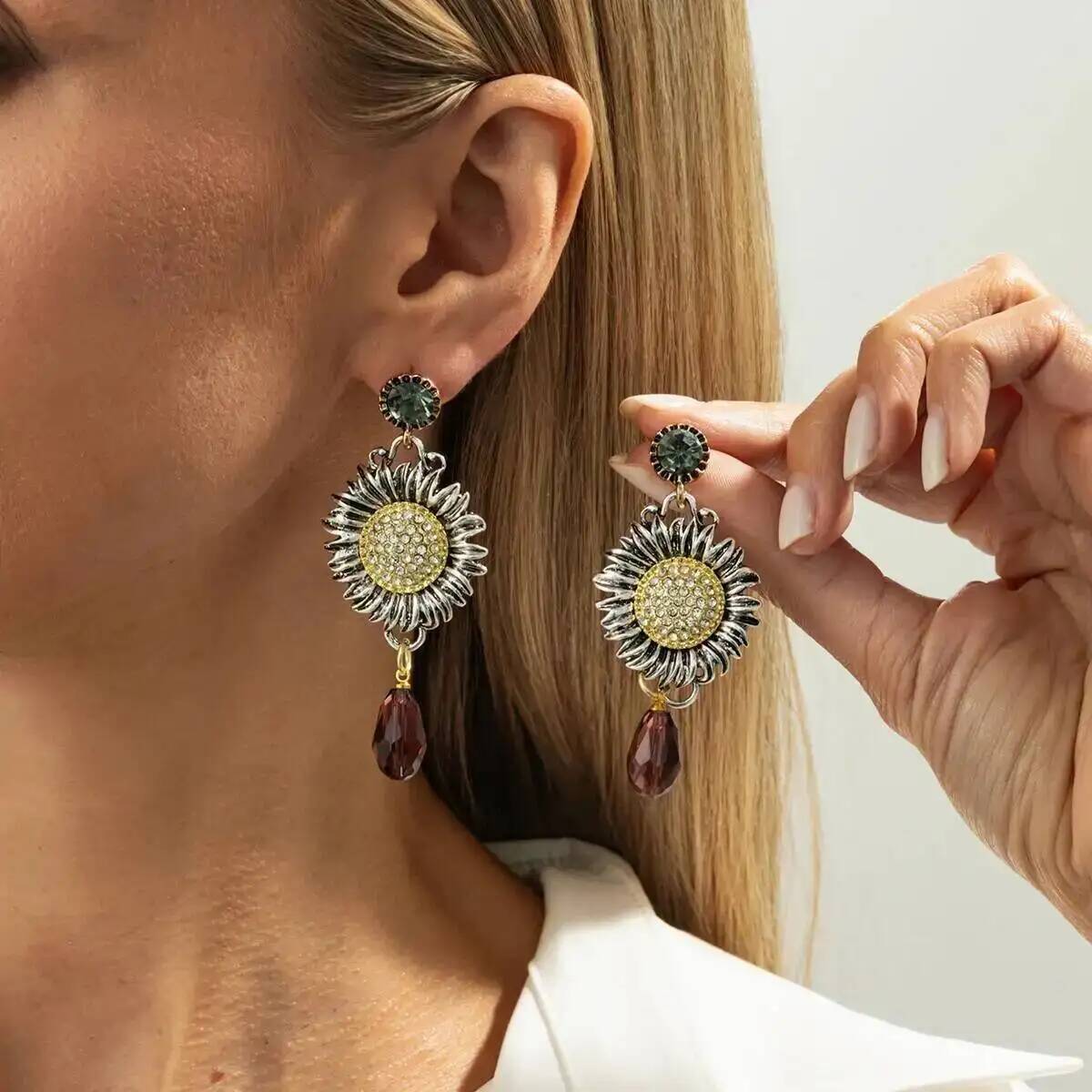 KunJoe Винтажные серьги-подвески с подсолнухом для женщин Бохо Хрустальная кисточка Цветок Капли Серьги Ювелирные Аксессуары