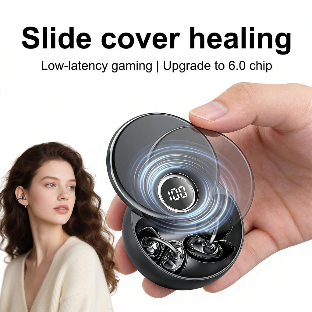 Open Ear Clip Headphones 360° Rotating Case, Wireless Bluetooth 6.0 Earphones Built-in Microphone and Ear Hook Earbuds Comfortable to Wear Headsets