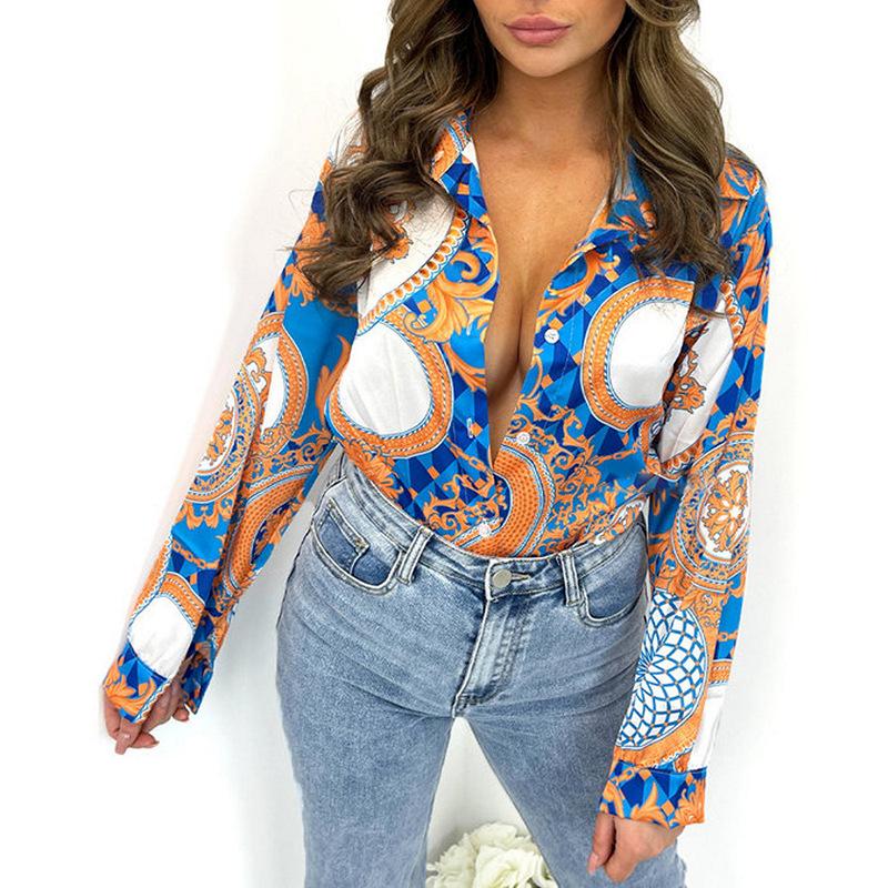 Foreign Trade European and American Women's Clothing Shirt Women's Spring and Autumn-Border Top Lapel Cardigan Printed Shirt Autumn Long Sleeve