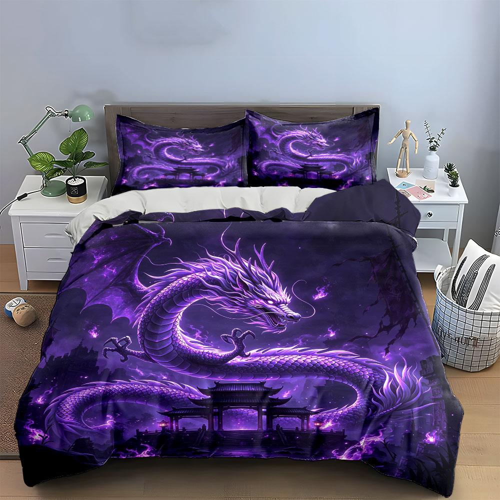 Purple Dragon Art Decor Set Soft Comfortable Duvet Cover Bedding Set Included 1*Duvet Cover & 2*Pillowcases, Gift