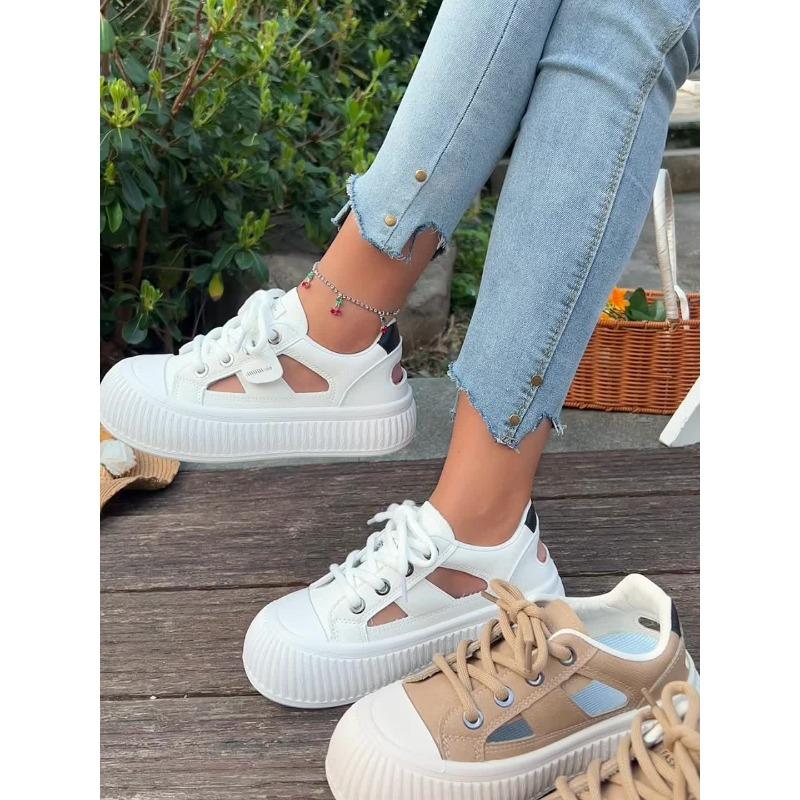 Women'S Chunky Platform Sneakers - Breathable Cut-Out Design, White Low-Top Lace-Up Shoes with Transparent PVC Sole, Comfortable All-Day Wear