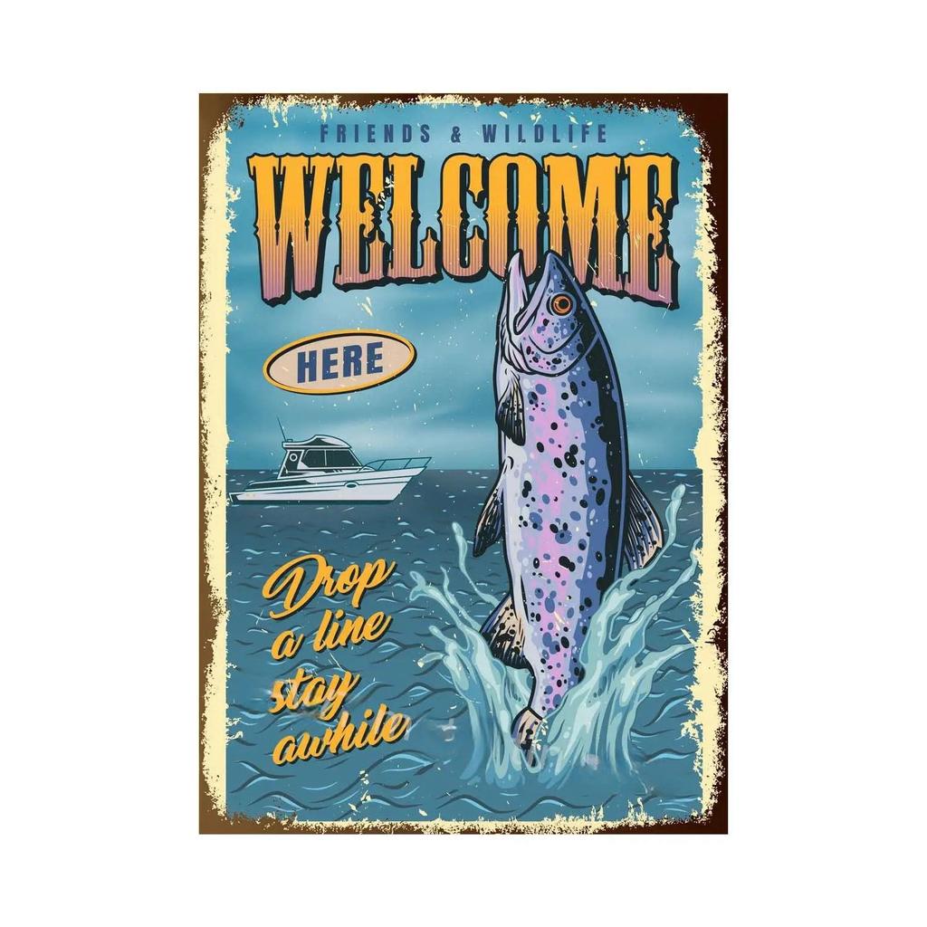 Fishing Metal Tin Sign Fishing Sign Vintage Metal Plate for Wall Poster Farm Art Decoration Stickers Plaques 8X12 Inch