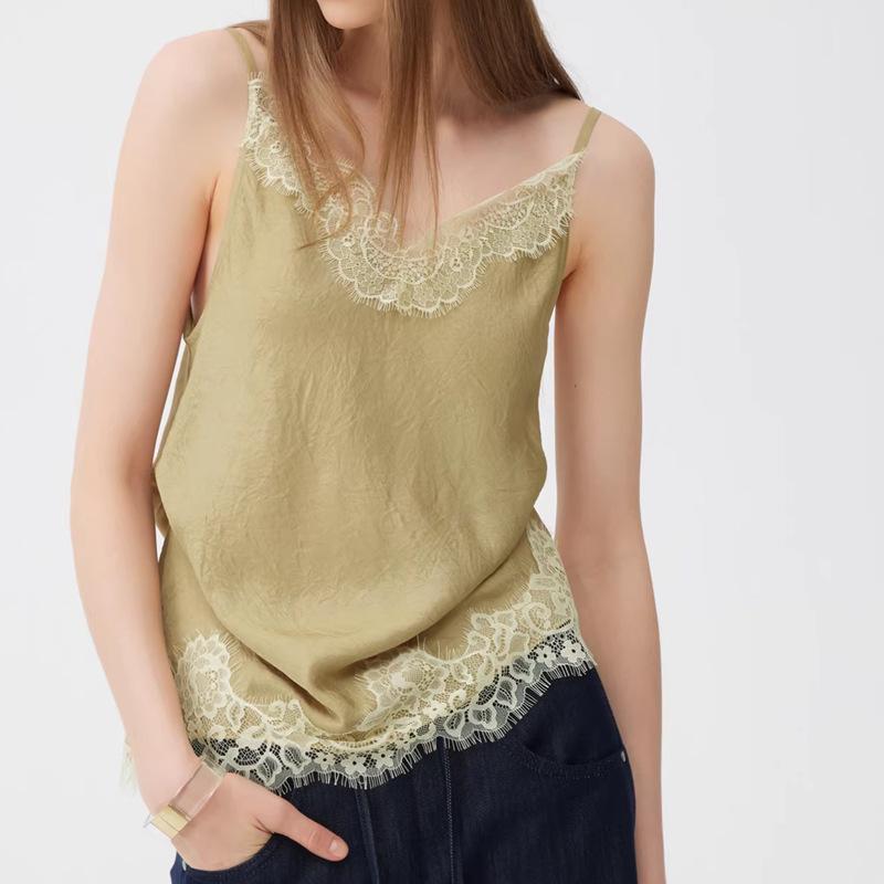 SUPERS French Style V-Neck Lace Camisole Top Medium шартрёз