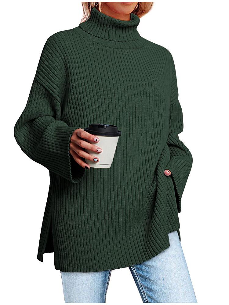 Autumn Winter Women's High Neck Oversized Pullover Split Long Sleeve High Neck Ribbed Knit Sweater Luxurious Relaxed-fit Slimming and Versatile Top