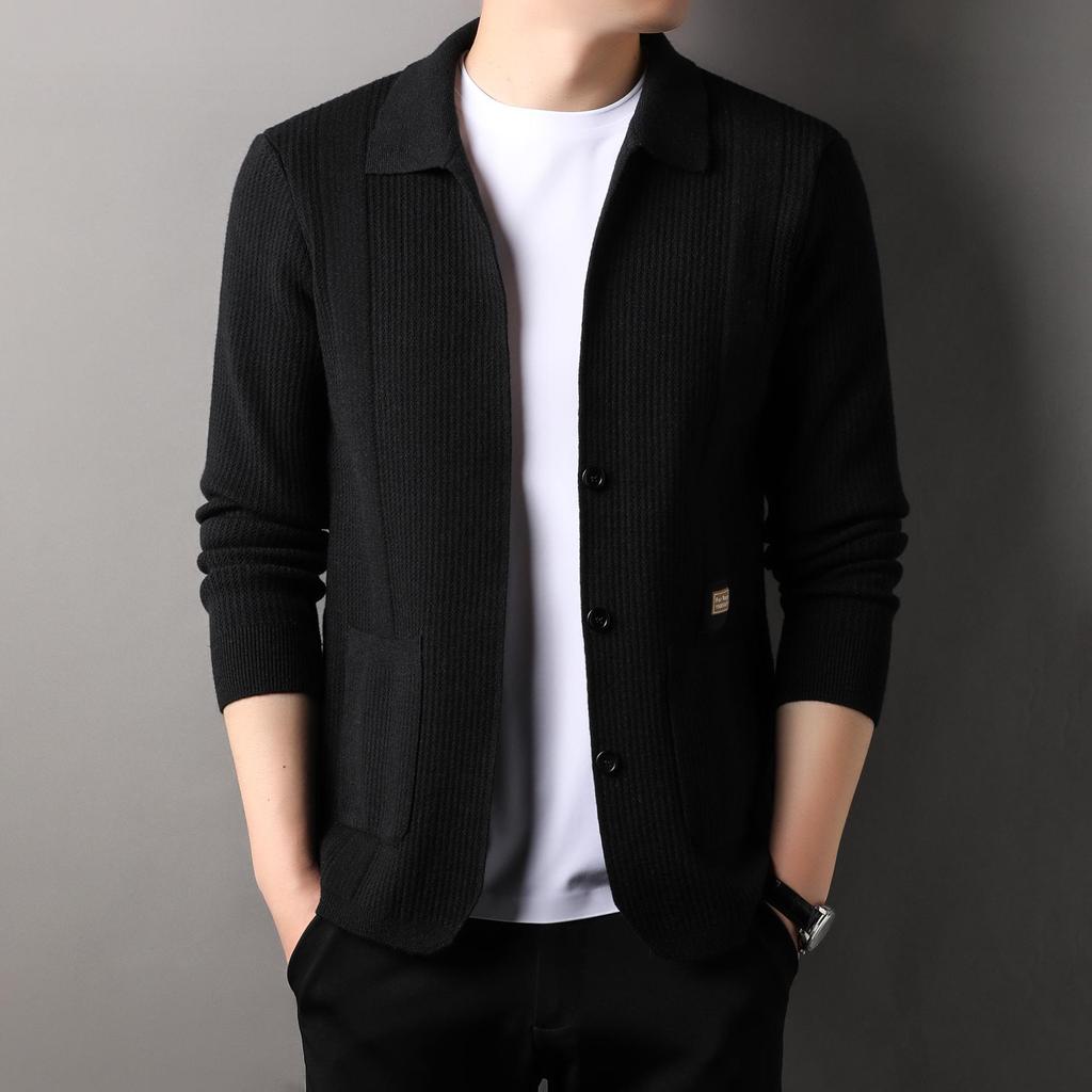 Men's Solid Color Knit Cardigan - Anti-Pilling Casual Jacket for Autumn/Winter 2024