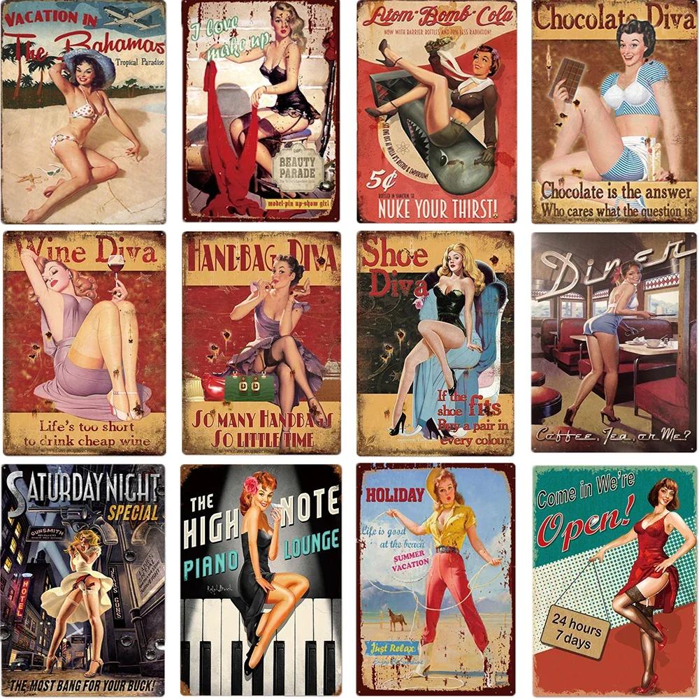 Vintage Pin Up Girl Tin Sign Plaque Sexy Retro Metal Wall Decor for Bar Pub Club Man Cave Classic Metal Sign Painting