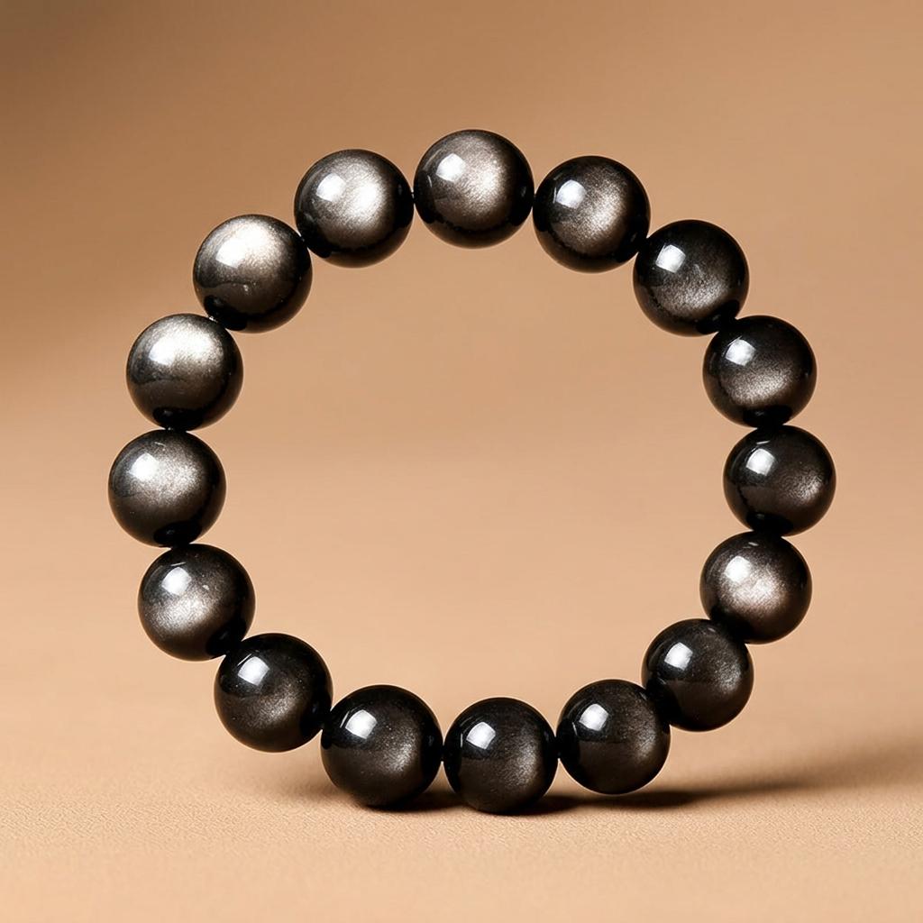 Double Eyed Beaded Silver Obsidian Bracelet Fashion Crystal Round Beads Hand String Jewelry