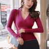 Women V Neck Wrap Long Sleeve Knit T Shirt Slim Ribbed Fitted Basic Casual Blouse Top