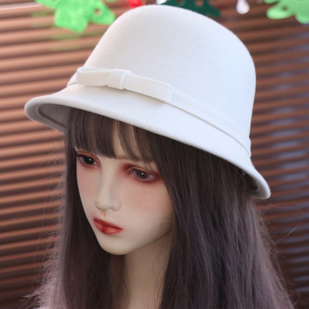 Solid Color Women's Bow Hat Autumn Winter Felt Bowler Hat Fashion Bow Tweed Hat  Famale