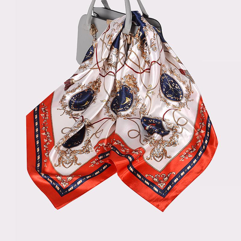 [BYSIFA] Women Silk Scarf Shawl Printed Chinese Rose Navy Blue Red Square Scarves 90*90cm Fashion Accessories Headscarves Hijabs