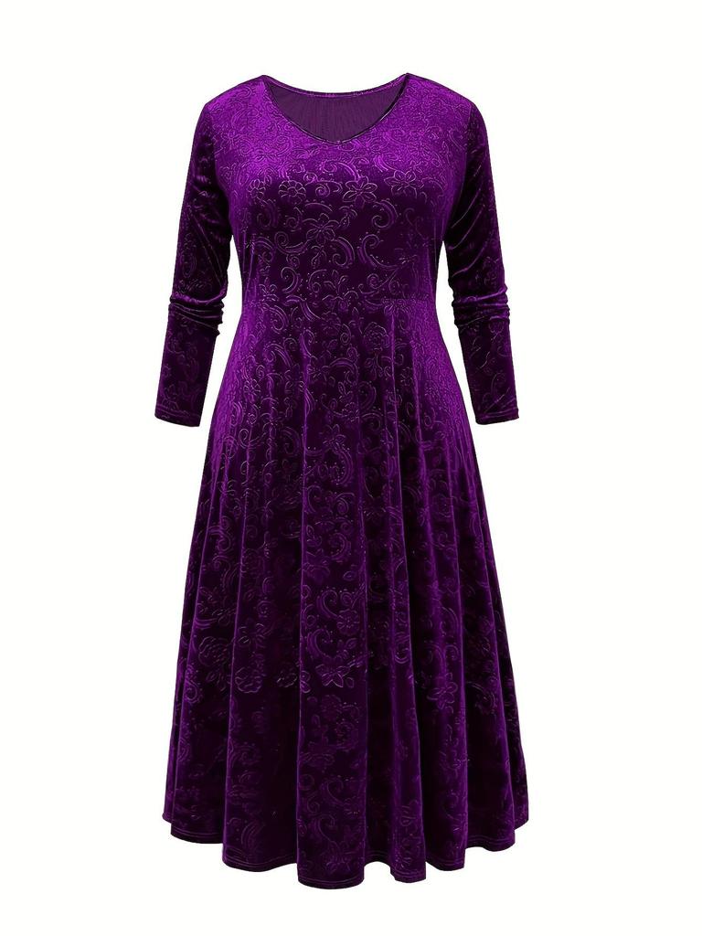 Plus Size Women's 3D Embossed Velvet Long Sleeve Dress - Elegant Slim Fit for Spring/Autumn