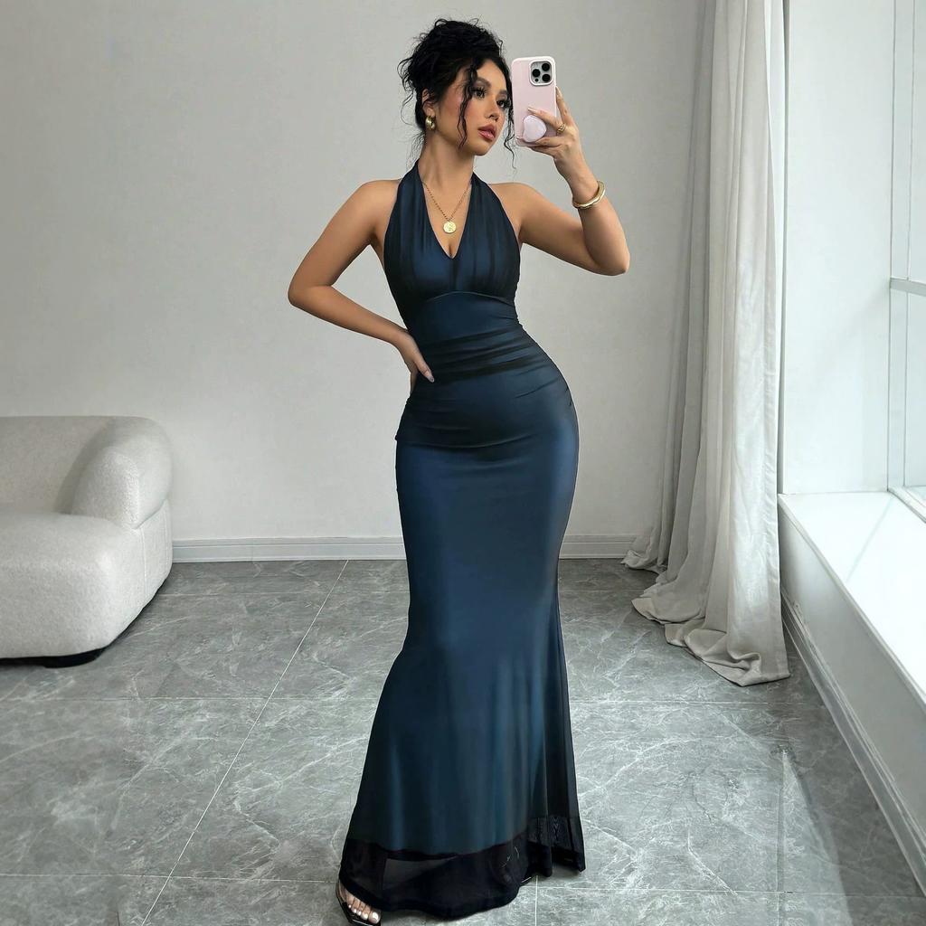 New hot-selling long backless mesh pullover V-neck women's dress dress new
