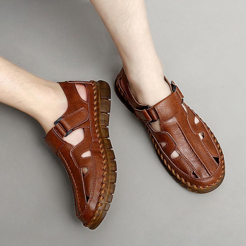 Fashion Handmade Summer Sandals Slip on Men Sandals Leather Hollow Out Men Shoes Male Comfortable Casual Footwear All-match Stylish Men