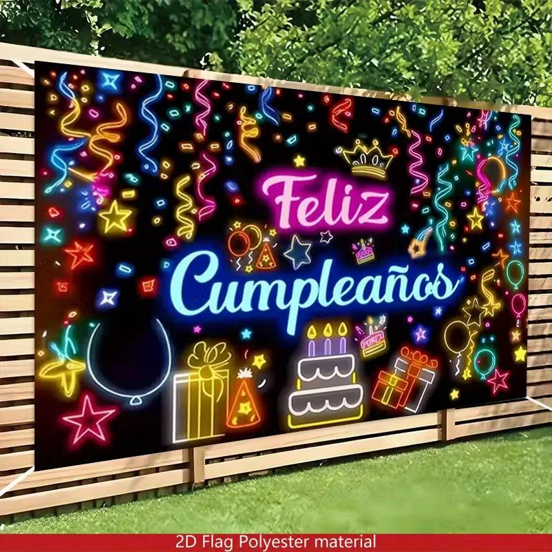 Striscione al Neon 2D Spagnolo Buon Compleanno Poliestere Sfondo per Festa