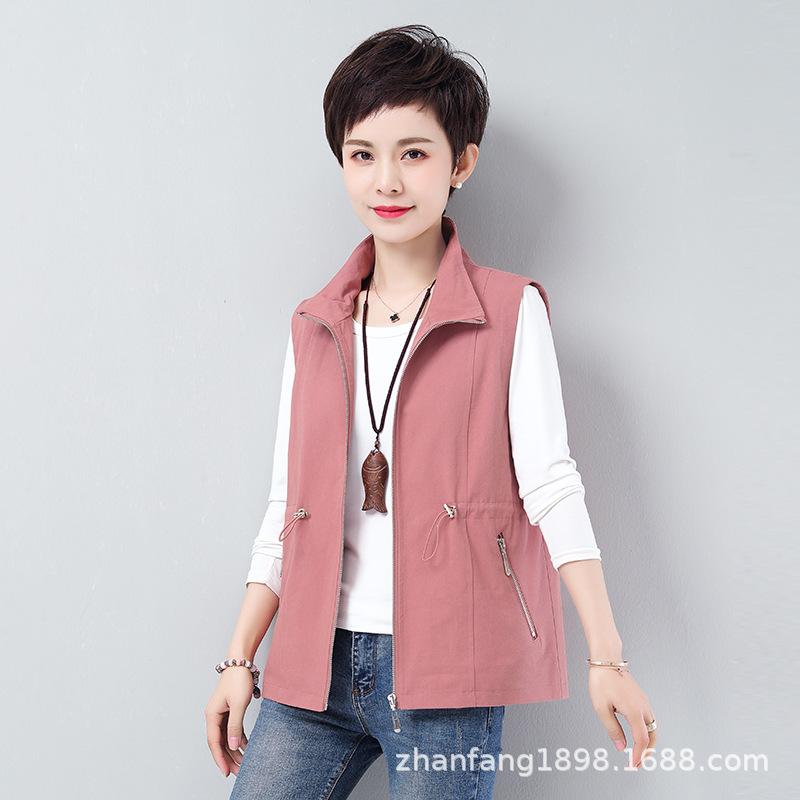 Women's Cotton Sleeveless Vest Short Waistcoat With Pockets Waist‑Tied Casual Outerwear For Middle‑Aged Women Spring Autumn Cardigan