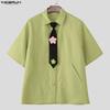 INCERUN Oversized Men Tie Up Neck Short Sleeve Flowers Casual Loose Shirts