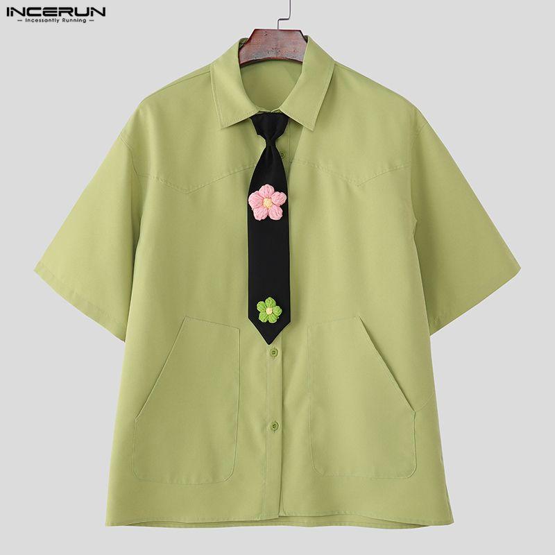 INCERUN Oversized Men Tie Up Neck Short Sleeve Flowers Casual Loose Shirts