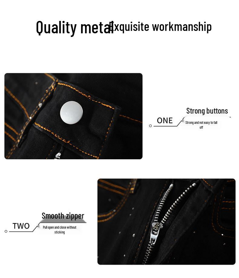 Women's Retro Black Gypsophila Wide-Leg High-Waisted Rhinestone Jeans with Elastic Fit and Velvet Lining