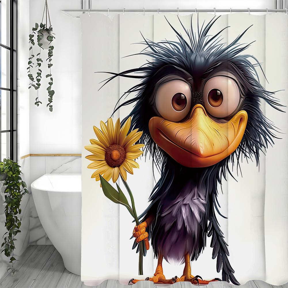 Cute Crow Yellow Flower Shower Curtain, Bathroom Decorative Shower Curtain, Waterproof Shower Curtain with Hooks
