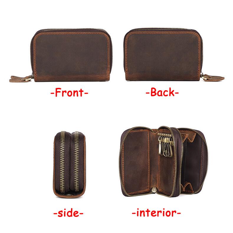 Double Zipper Crazy Horse Leather Retro Card Case First Layer Cowhide Coin Purse Car Key Keychain Holder with Hand Strap