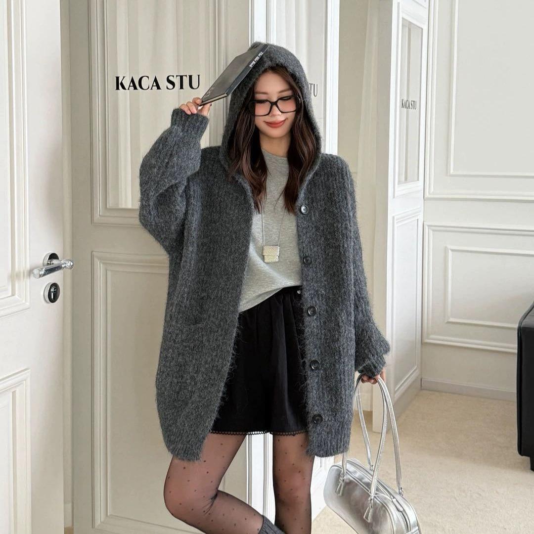 

Женский трикотажный кардиган средней длины с капюшоном в корейском стиле - 2025 Осень/Зима Повседневное пальто-свитер свободного кроя One Size темно-серого