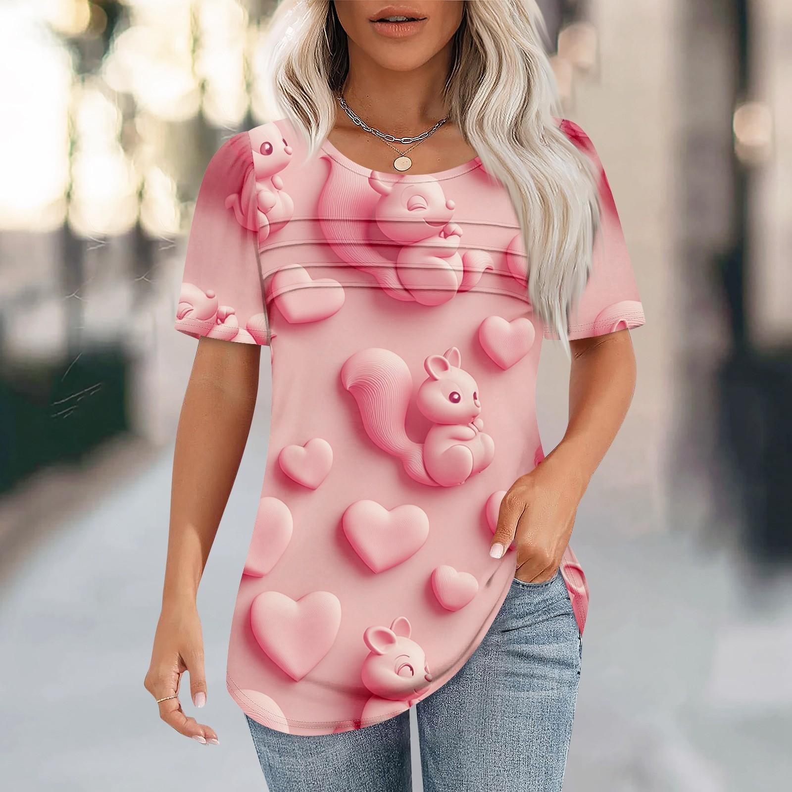 

Женский топ с короткими рукавами и круглым вырезом, с принтом в виде сердечек ко Дню святого Валентина, плиссированный XL арбуз красный