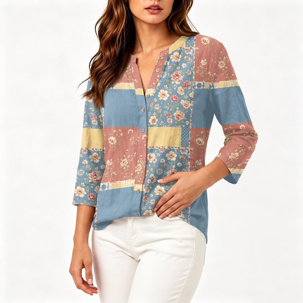 Women's Fashion Cotton Linen Printed 3/4 Sleeve Button Shirt for Casual Wear