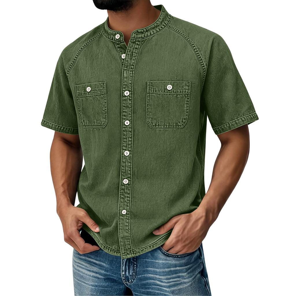 Men Casual Style Denim Short Sleeve Vintage Henley Neck Shirt with Chest Pockets and Button Front Design