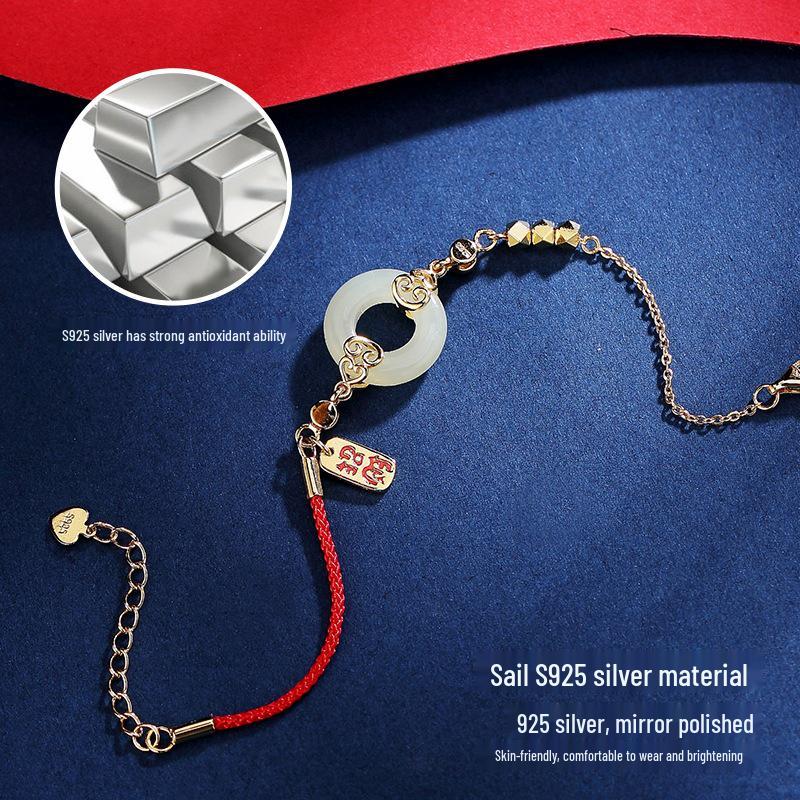 National Trend Hetian Jade Gourd Bracelet with S925 Sterling Silver Chinese Peace Blessing, Ancient Style Red Rope Jewelry