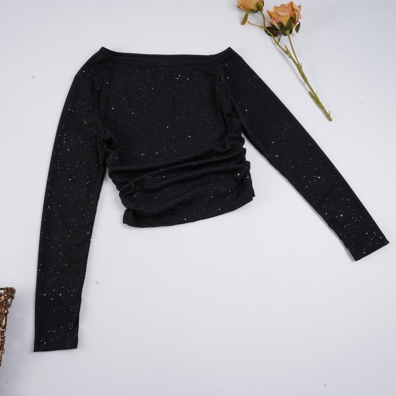 Women's Off-Shoulder Rhinestone Waist-Cinching Long-Sleeve Top