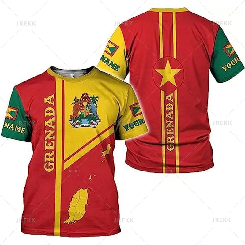 Grenada Flagge Karte 3D Druck T-Shirt Grenada Wappen Grafik Kurzarm T-Shirts Vintage Unisex T-Shirts Herrenbekleidung