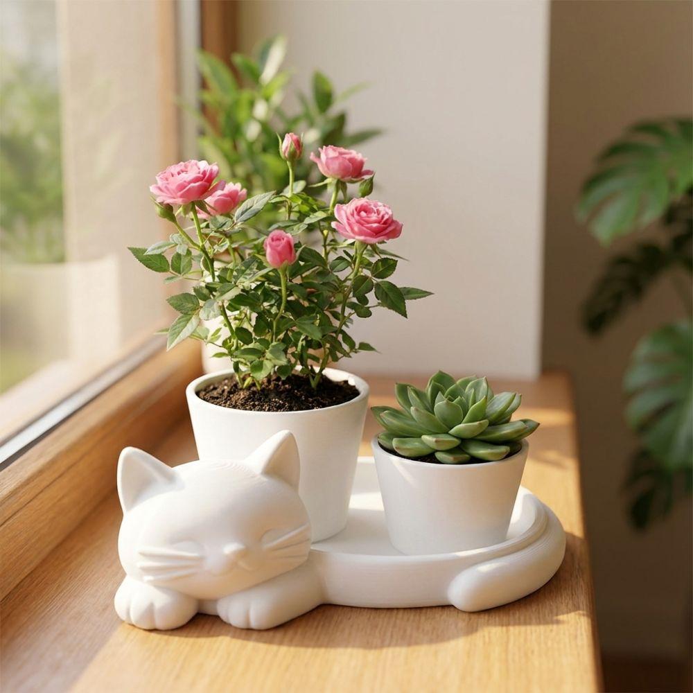 3D Printed Cat-Shaped Flower Pot Lazy Cat Cute Animal Kitten Desktop Planter Plastic Novelty Succulent Vase Indoor/Outdoor Use