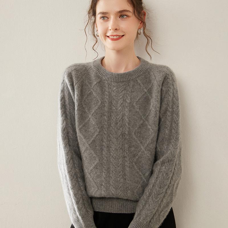 Women's Thickened Cashmere Raglan Sweater - Long Sleeve Jacquard Knit Pullover with Round Neck