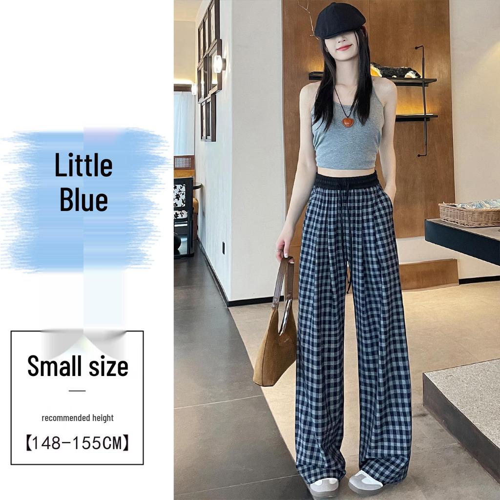 Retro Blue Plaid Wide-Leg Pants - Spring/Summer 2026 Collection, Lazy Style, Drapey Straight-Leg Casual Pants