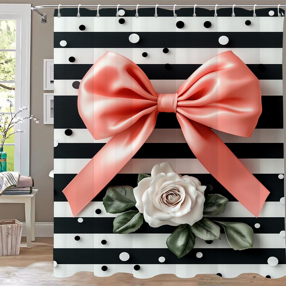 

Modern Love Pink Bow Printed Shower Curtain Partition Privacy Hanging Home Decoration Curtain With Hooks Machine Washable W60H190(CM)-1 Pcs