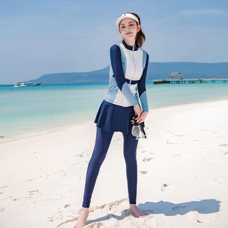 Womens UV Protection Long Sleeve Skirted Two Piece Swimwear Snorkeling Surfing Swimming