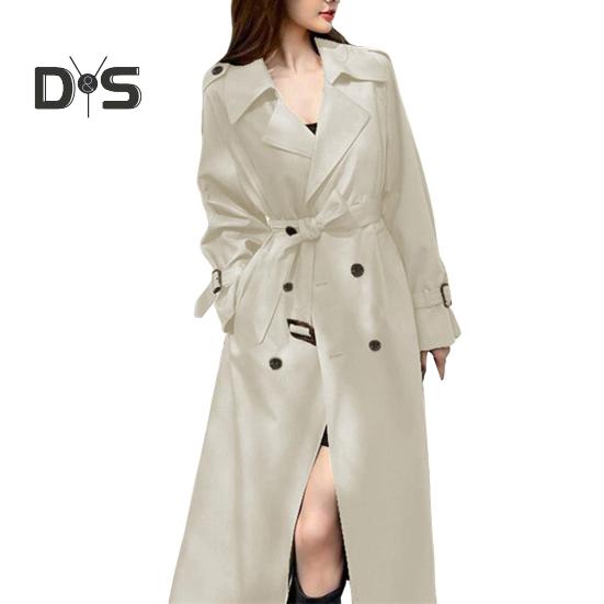 

Женское двубортное длинное пальто-тренч, ветрозащитное тонкое пальто с лацканами и поясом, ветровка, куртка на весну и осень XL бежевый