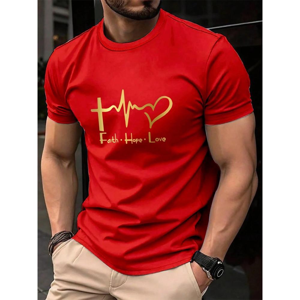 Men's Summer Fashion Casual Loose Plus Size Faith Hope Love Print Sports Round Neck Short Sleeved T-shirt Top