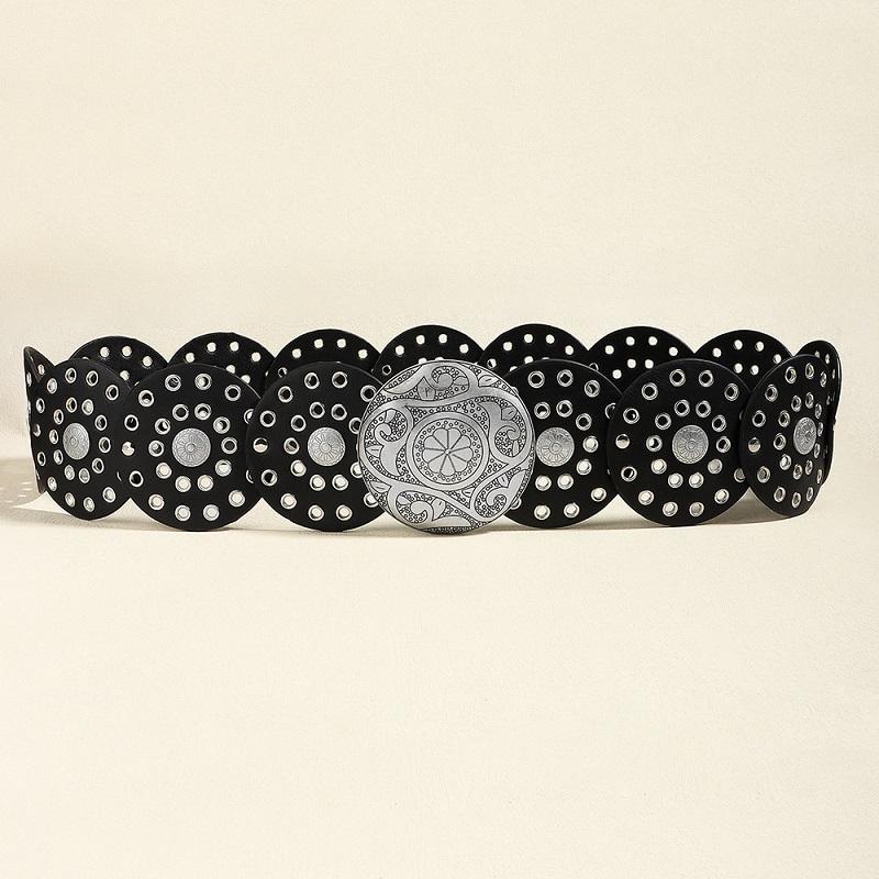 Women's Western Denim Belt High Quality Metal Hollow Ladies Trend Wide Waistband Vintage Personalized Round Belts EMA