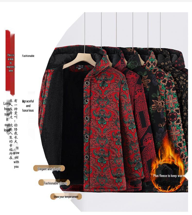 Elderly Women's Winter Fleece-Lined Cotton Jacket for 60s-70s Mom